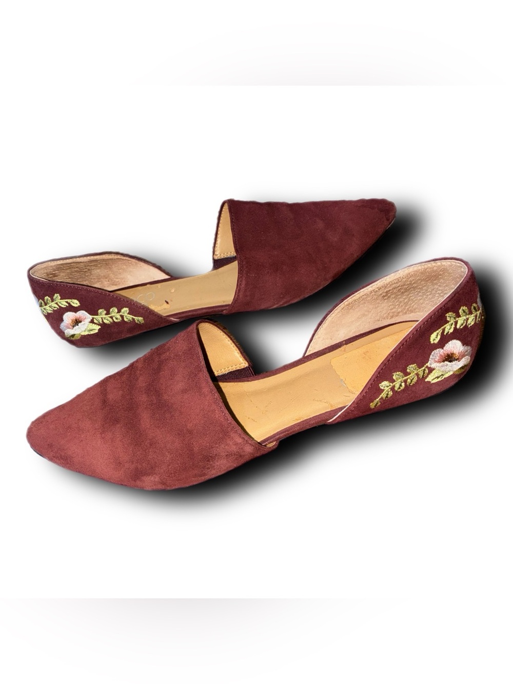 Franco Sarto Burgundy Suede D’Orsay Flats with Floral Embroidery on Heels Fall